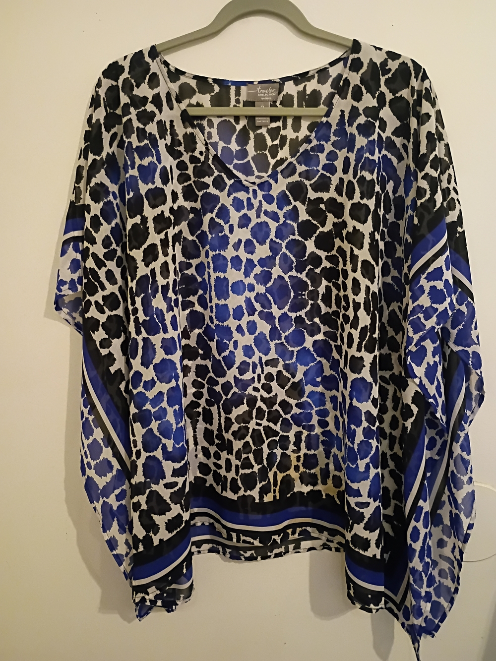 Chico's Women's Blue and Black Leopard-Print V-Neck Kaftan Traveler Sz O-S